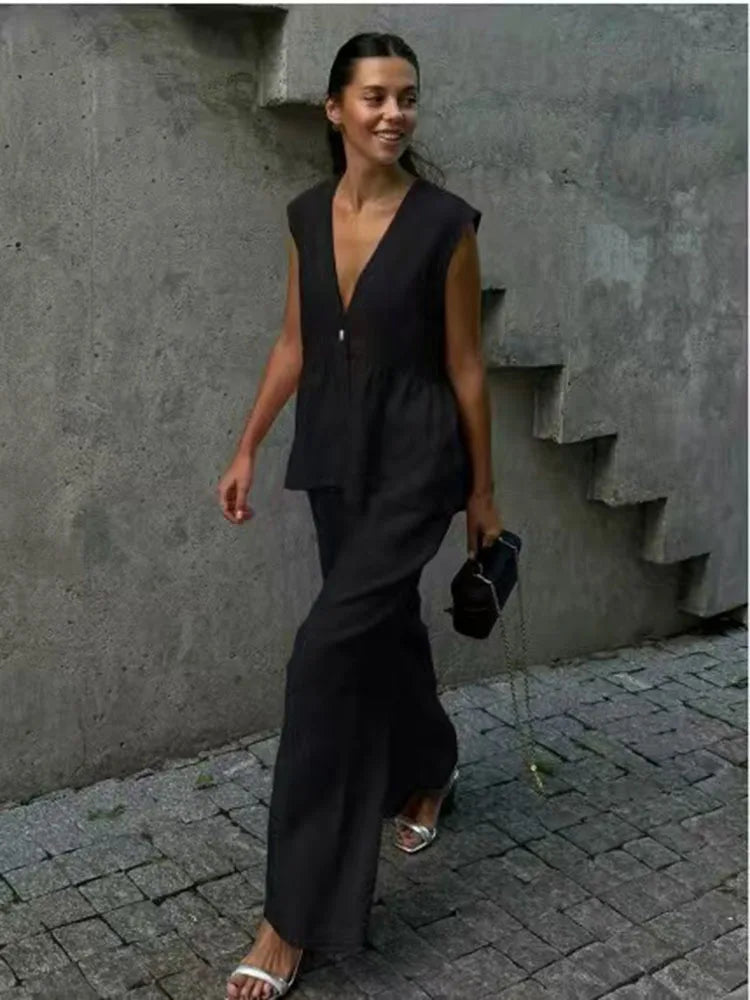 2026 Summer Cotton Two Piece Set Women Sleeveless Loose V Neck Waistcoat Elastic Wide Leg Pants Tracksuits Office Lady Outfits