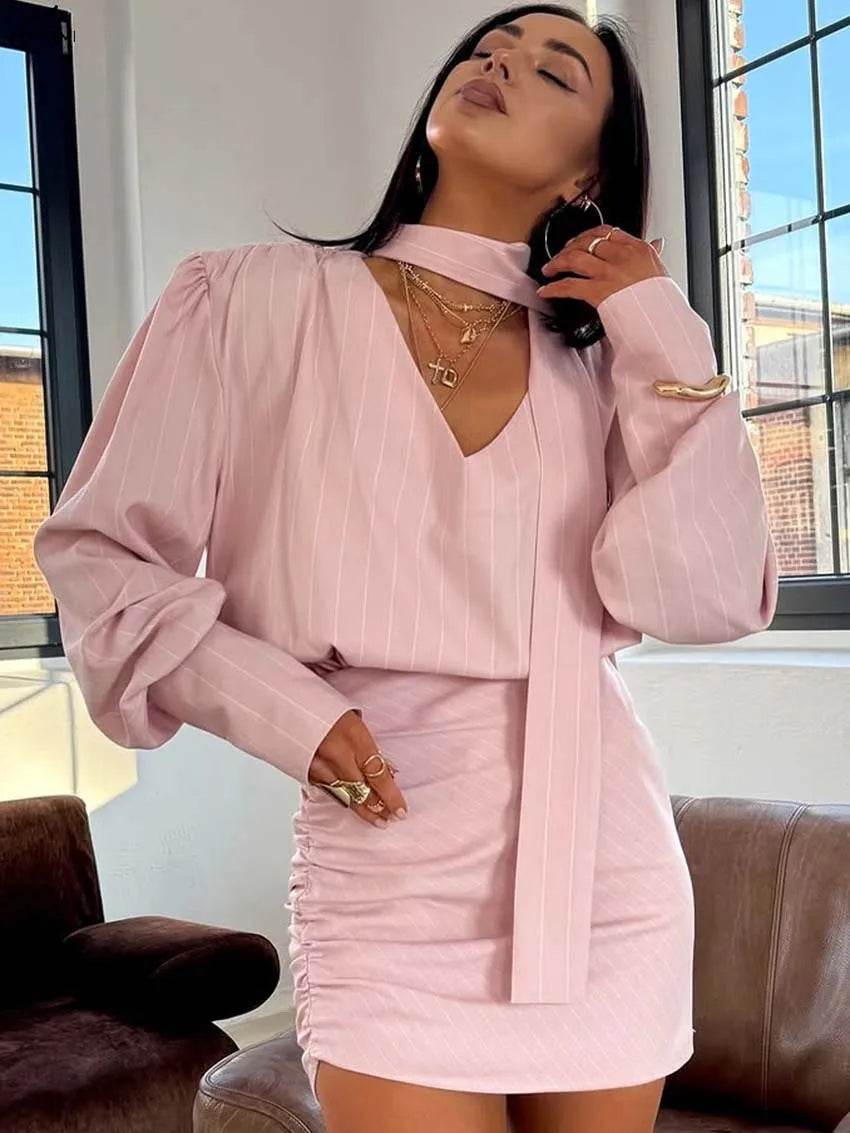 Oymimi Casual Pink 2 Piece Sets Woman Outfits Fashion V-Neck Lace-Up Long Sleeve Blouses And High Waist Slim Mini Skirts Sets