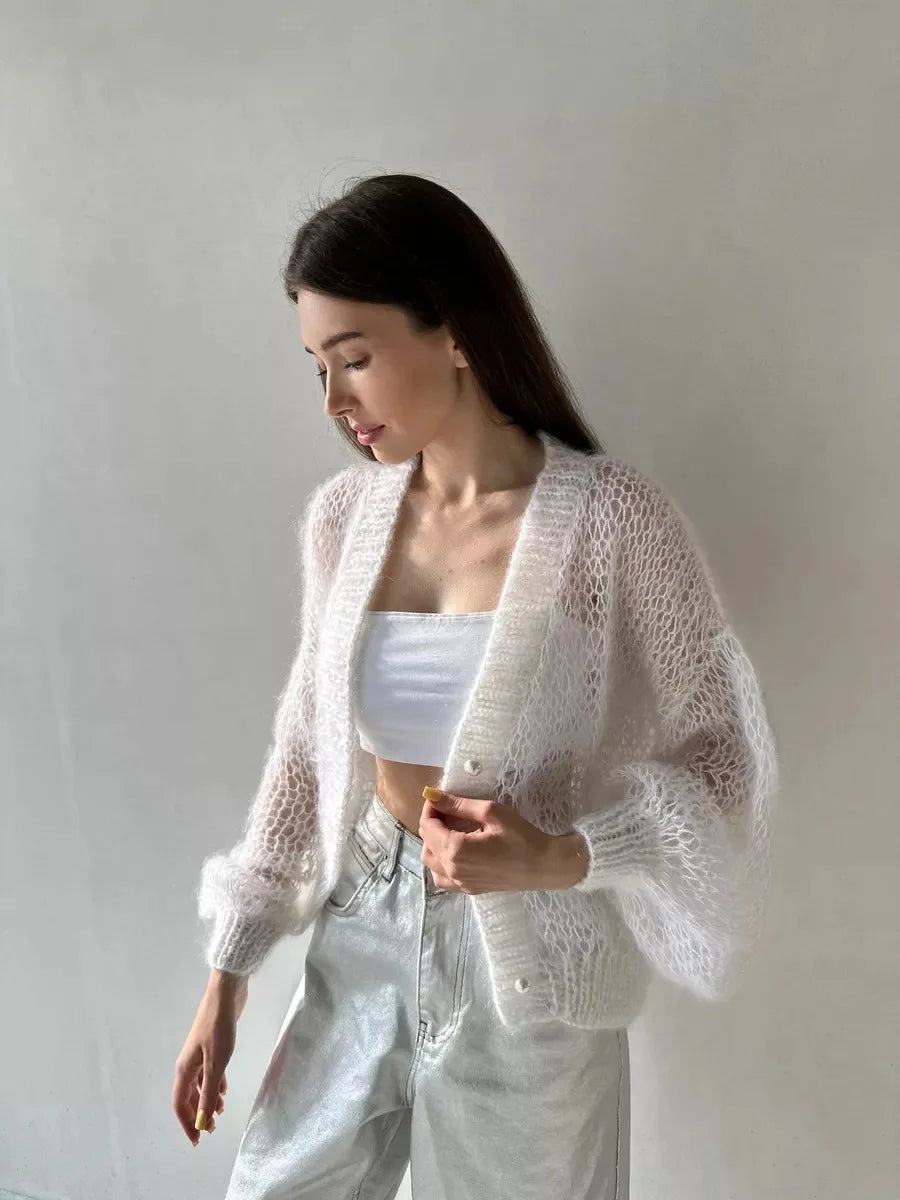Loose Fit Open Knit V Neck Cardigan Sweater for Women