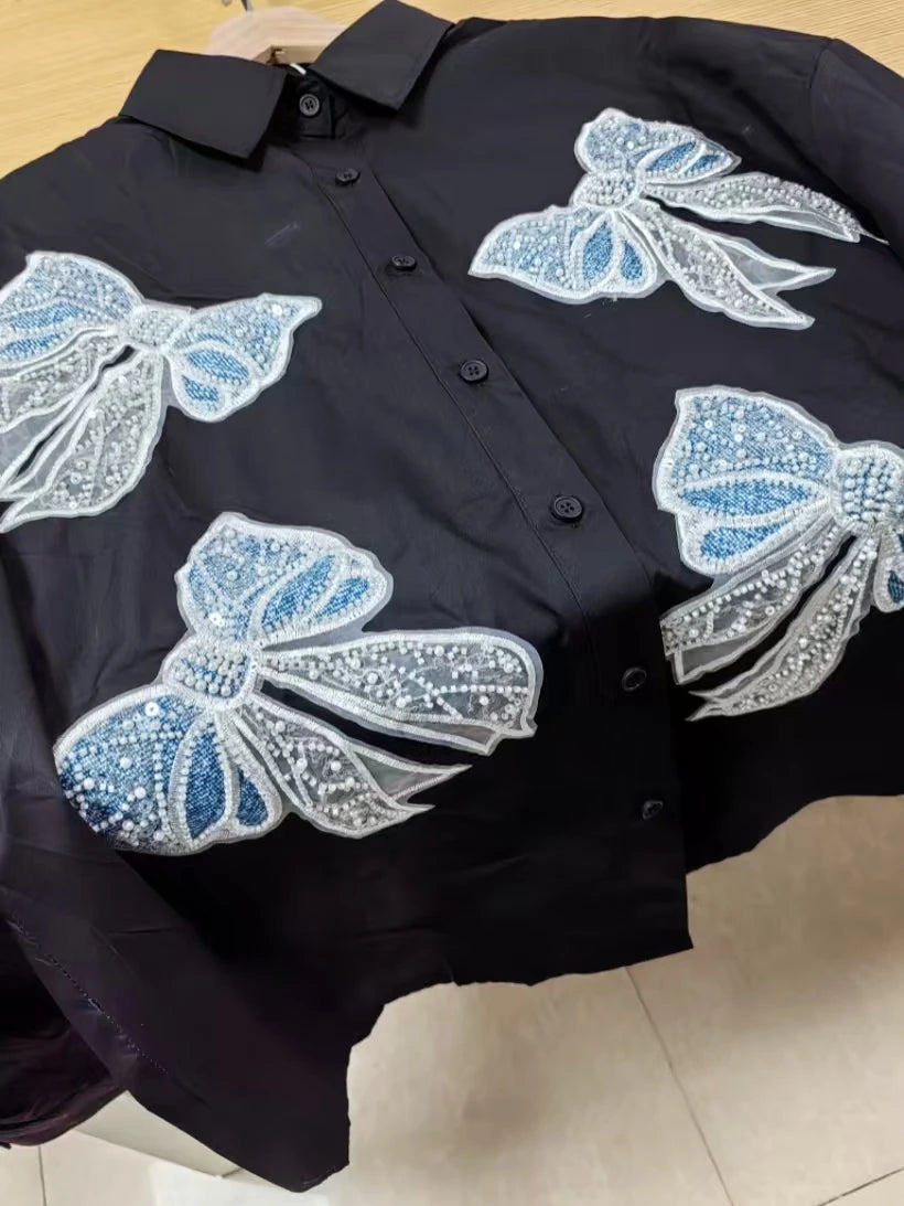 Luxury Diamonds Sequins Pearls Cotton Blouses Shirts for Women 2025 Autumn Trend Shirt Long Sleeve Tops Camisas De Mujer