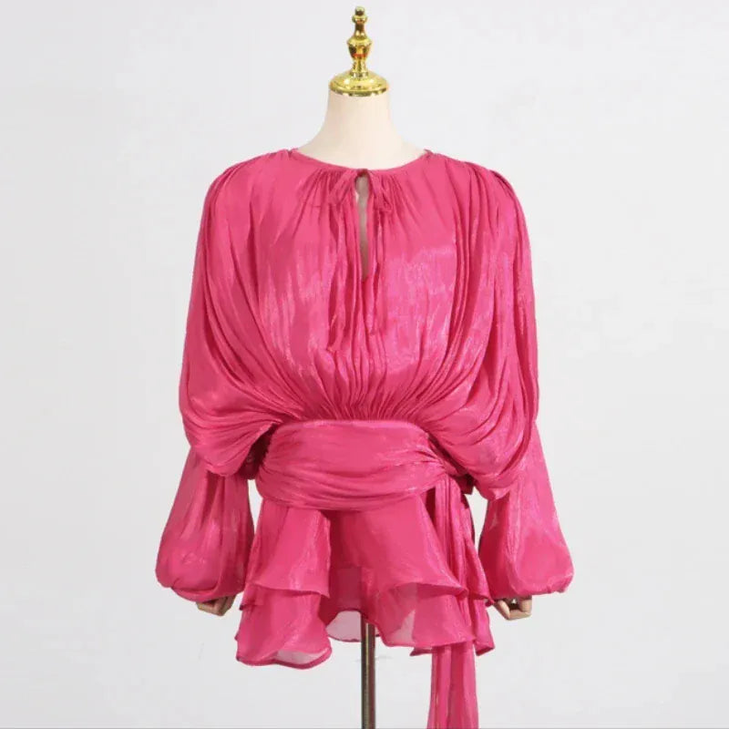 TWOTWINSTYLE Loose Solid Dresses For Women Round Neck Lantern Sleeve High Waist Spliced Fold Mini Chic Dress Female Fashion 2025