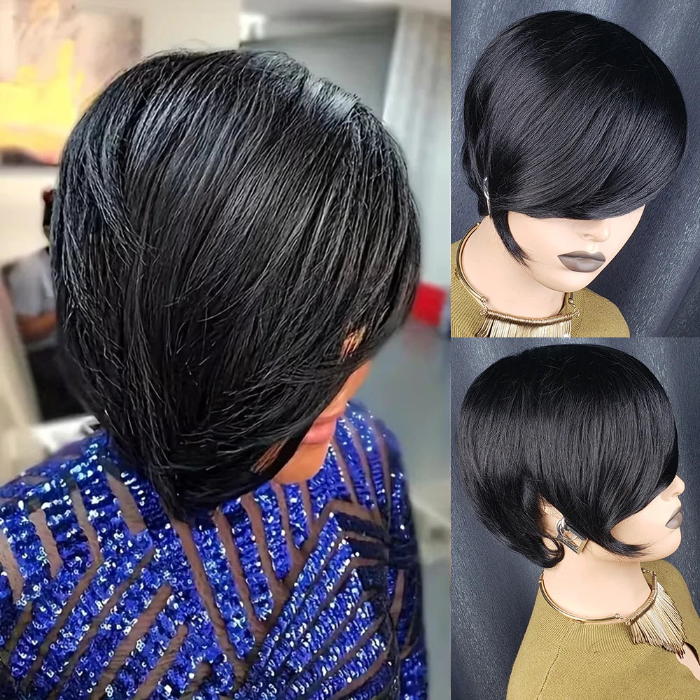 Short Pixie Cut Human Hair Wig With Side Bangs for Women