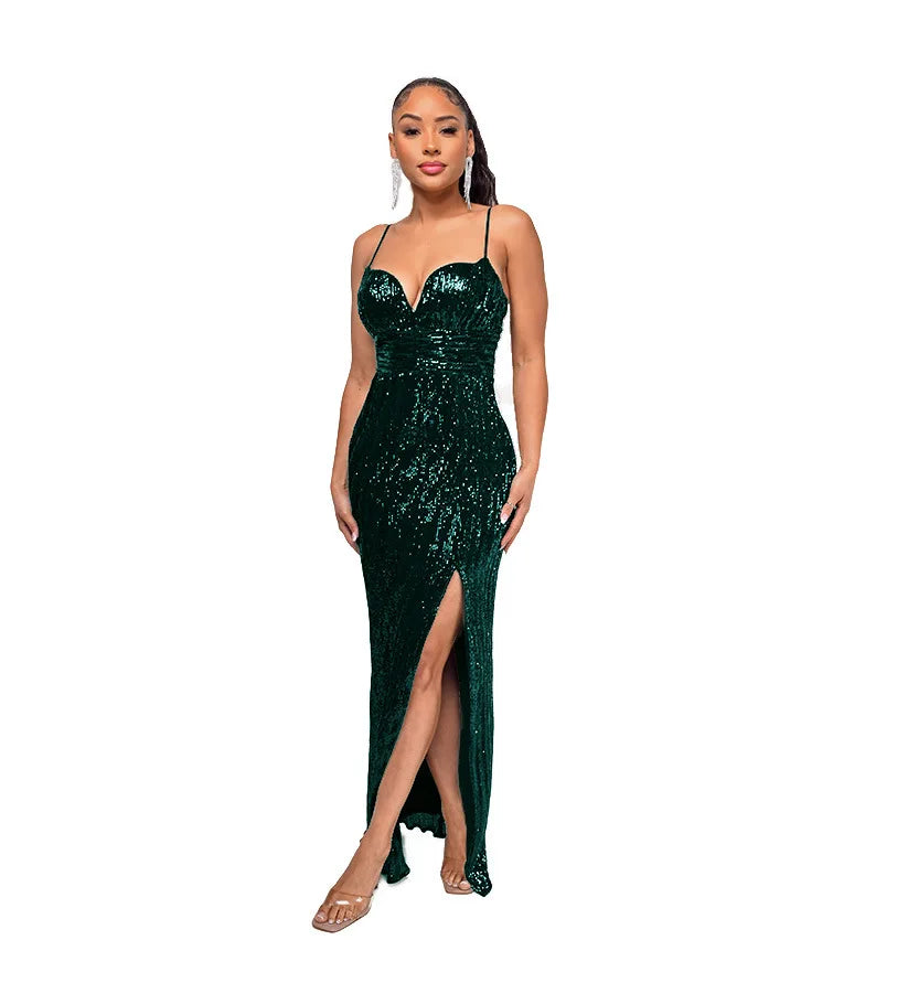 Glitter Sequin Spaghetti Strap Party Maxi Dress for Women