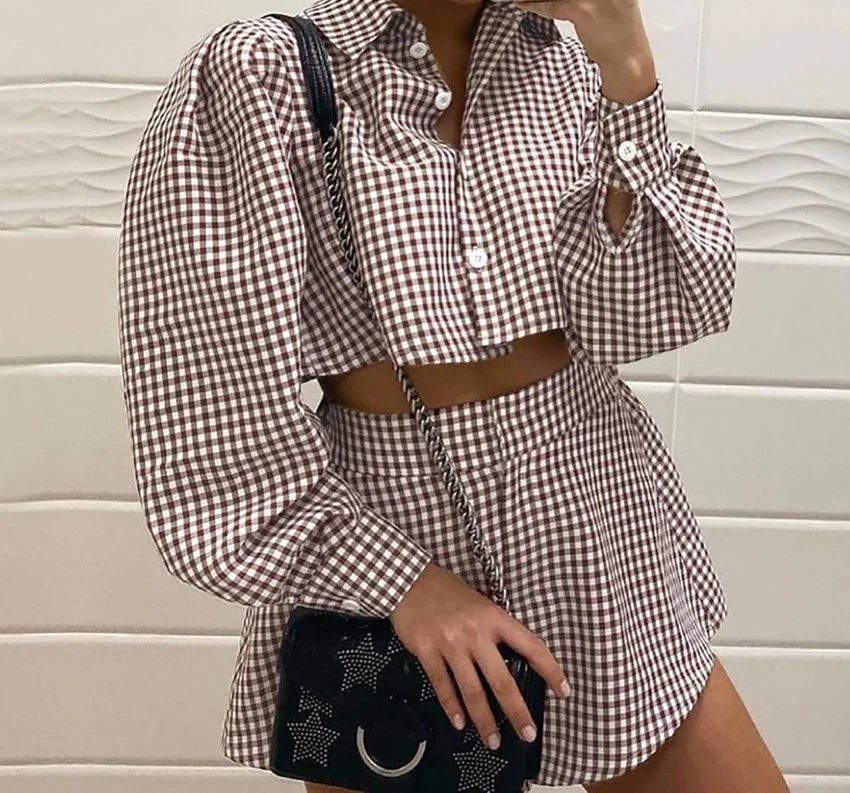 Wide Leg Pants Two Piece Set Woman Plaid Long Sleeved Shirt and High Waist 2025 Summer Fashion Casual Suit Spring and Summer New