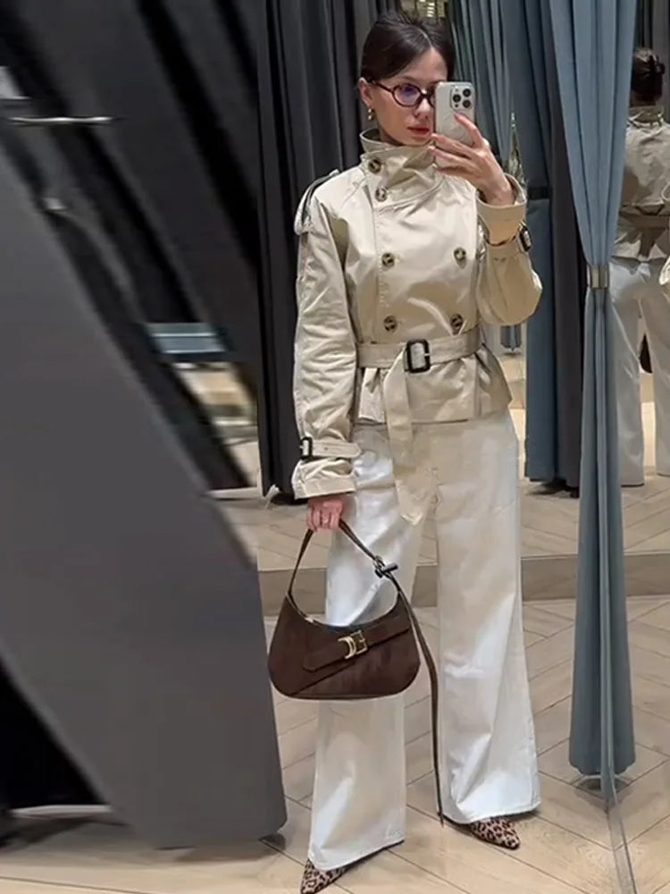 Chic Belt Women's Coat Elegant Stand Collar Full Sleeve Single Breasted  Female Jacket 2025 Autumn Fashion Commuter Windbreaker