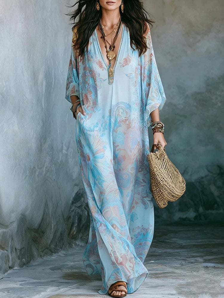 Vintage Print Deep V-Neck A-Line Ankle-Length Dress for Women