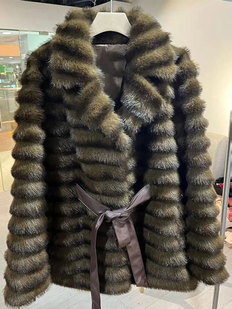 Faux Fur Belted Lapel Coat With Lace Up Front for Women