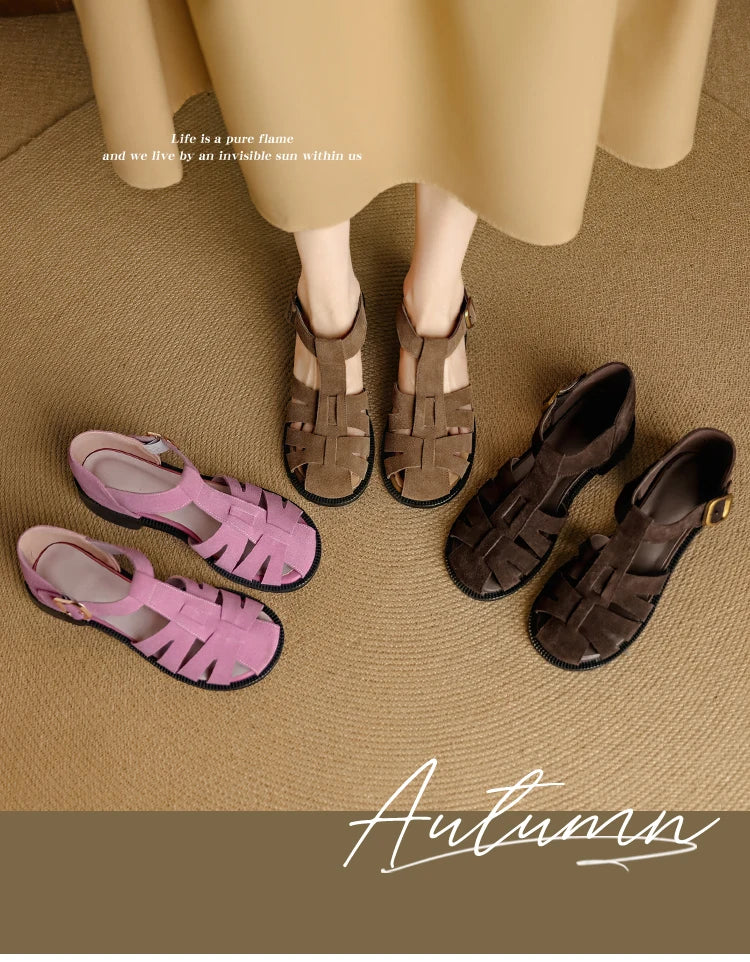 Retro Cowsuede Buckle Strap Closed Toe Sandals for Women
