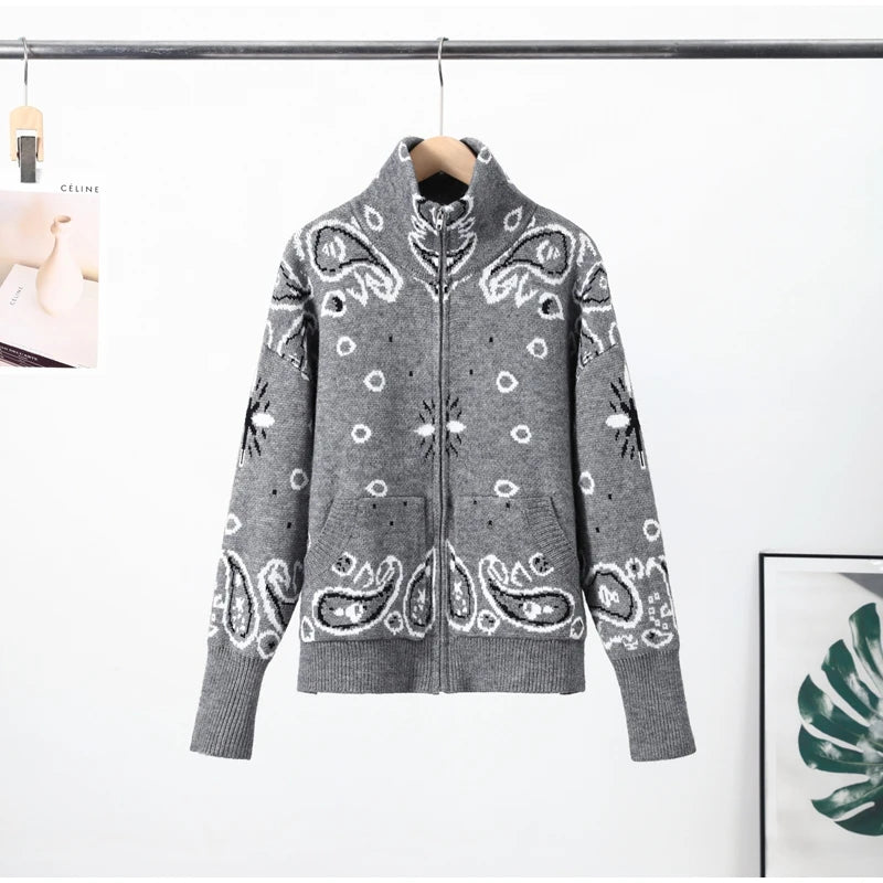 Gray Jacquard Knit Loose Cardigan Long Sleeve Casual for Women