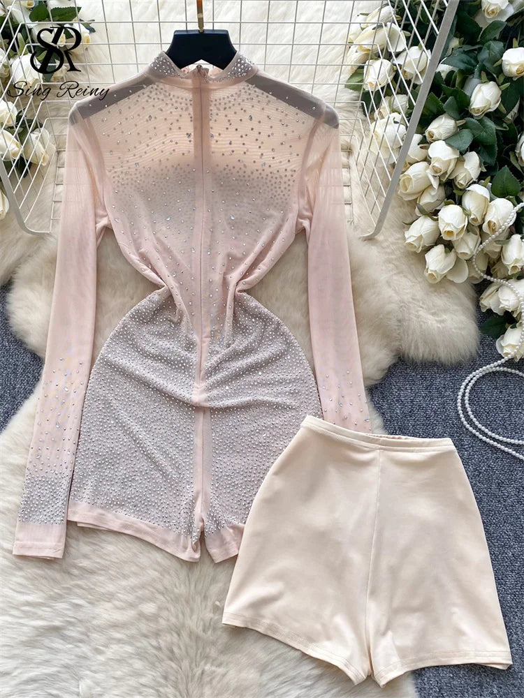 Sheer Long Sleeve Zipper Mesh Romper With Shorts for Women
