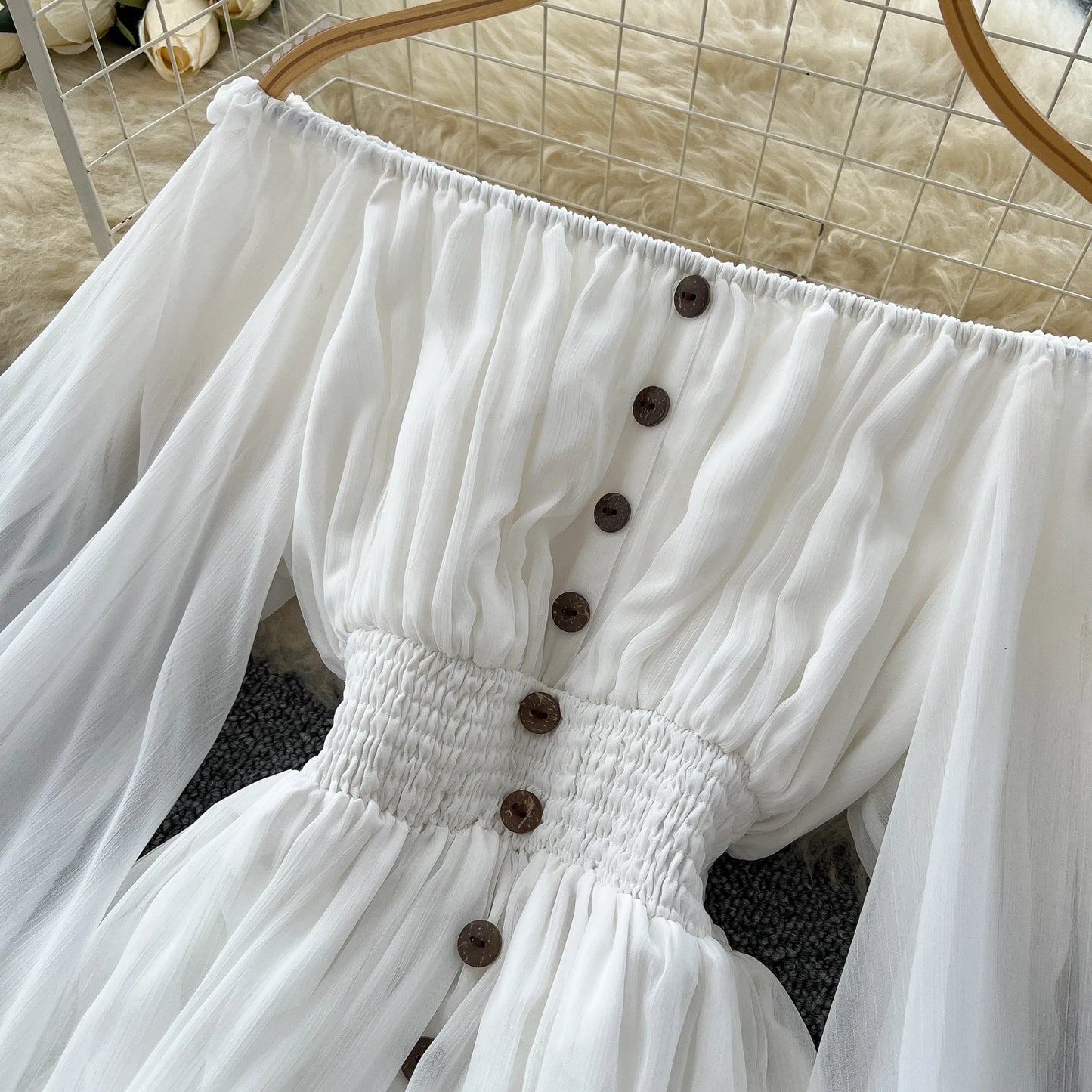 Off-Shoulder Pleated Satin Maxi Dress