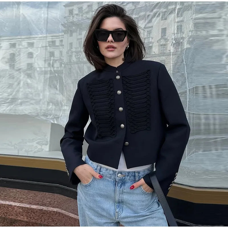 Elegant Satin Frog Button Standup Collar Jacket for Women
