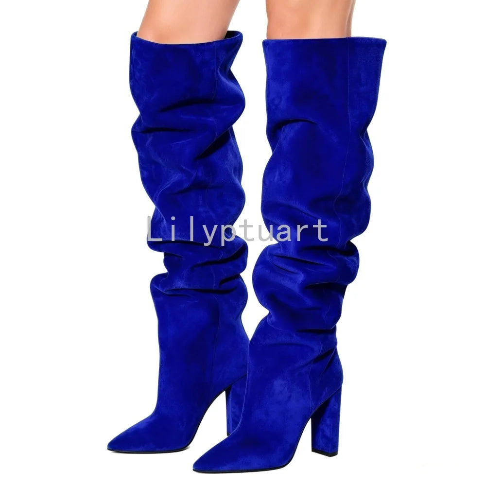 Beige Square Heel Slip-On Over-the-Knee Boots for Women