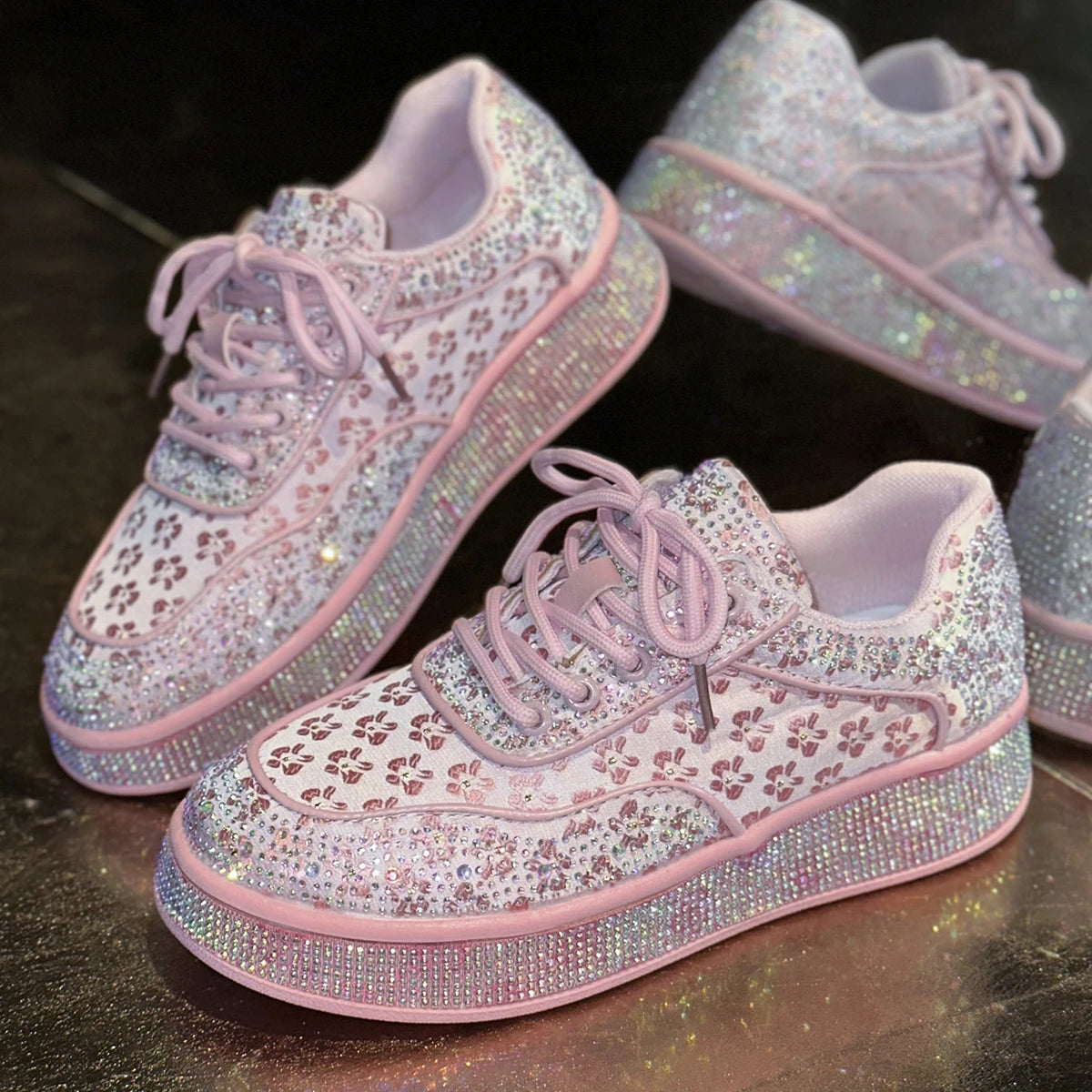 Elegant Pink Crystal Flower Lace Up Casual Flats for Women