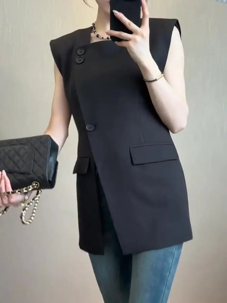 Black Button Front Split Sleeveless Vest For Women