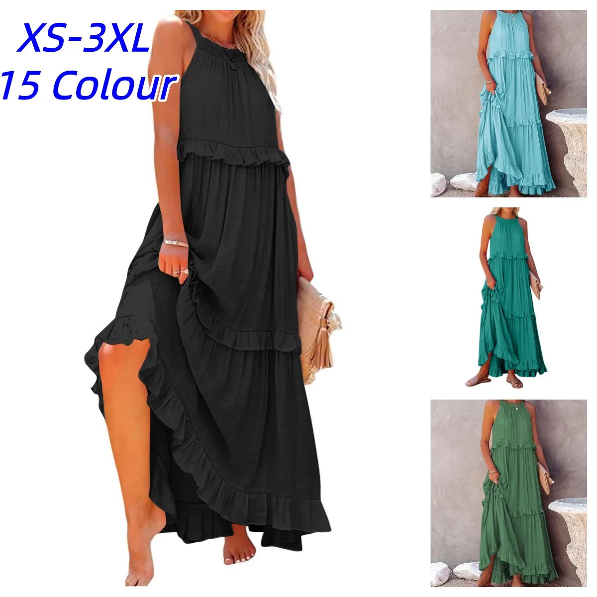 Solid Ruffled Sleeveless Maxi Sundress for Women