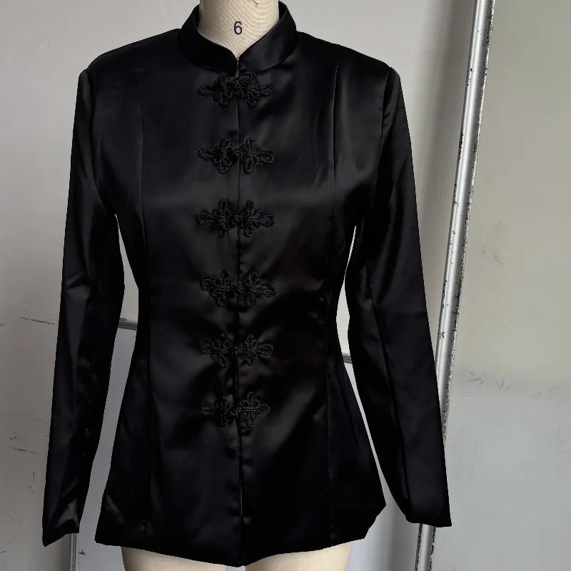 Elegant Satin Frog Button Standup Collar Jacket for Women