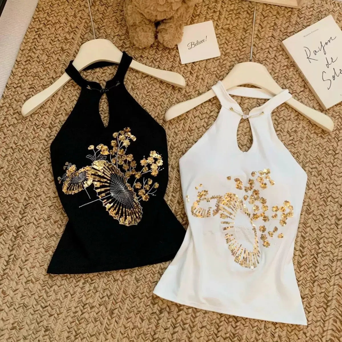 Vintage Sequin Embroidered Backless Camisole For Women