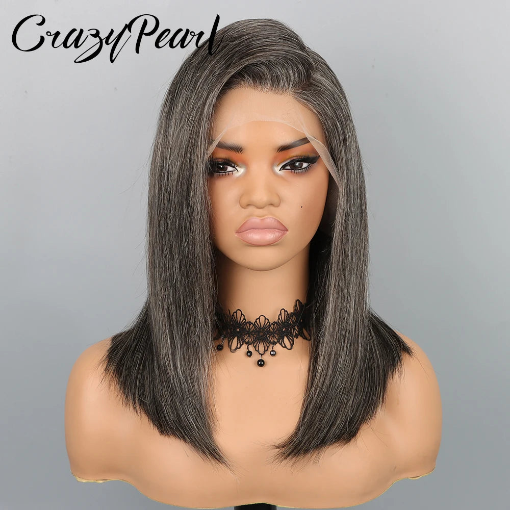 Salt And Pepper Gray Human Hair Bob Wig for Women