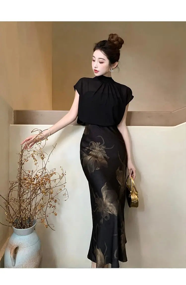 Chiffon Stand Collar Black Printed Three Piece Set for Women