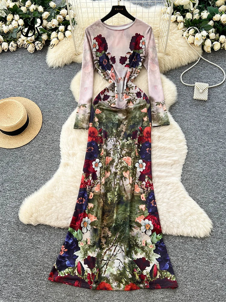 Vintage Floral Print Long Sleeve Maxi Dress for Women
