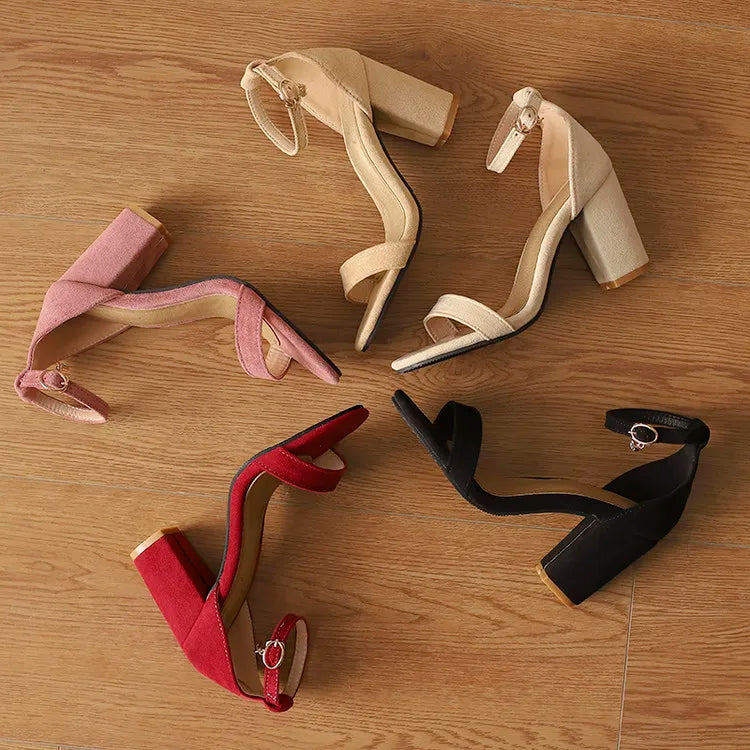 Beige Suede Rhinestone Block Heel Sandals