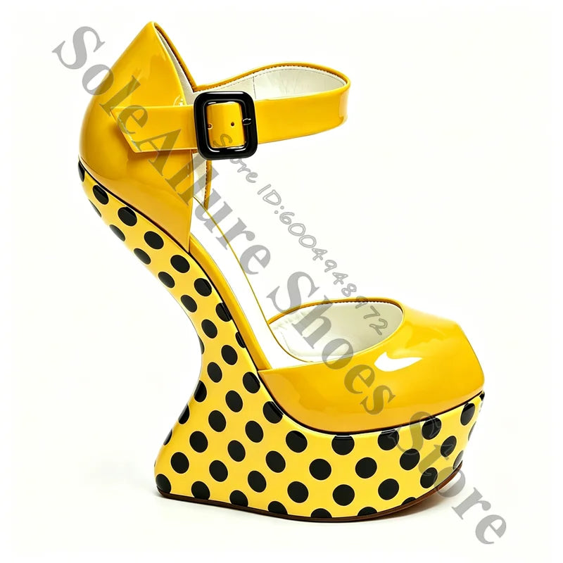 Glossy Polka Dot Buckle Strap Wedge Platform Sandals For Women