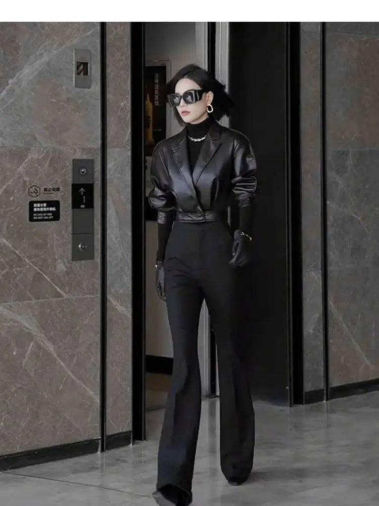 Trendy Faux Leather Blazer And Flared Pants Set For Women