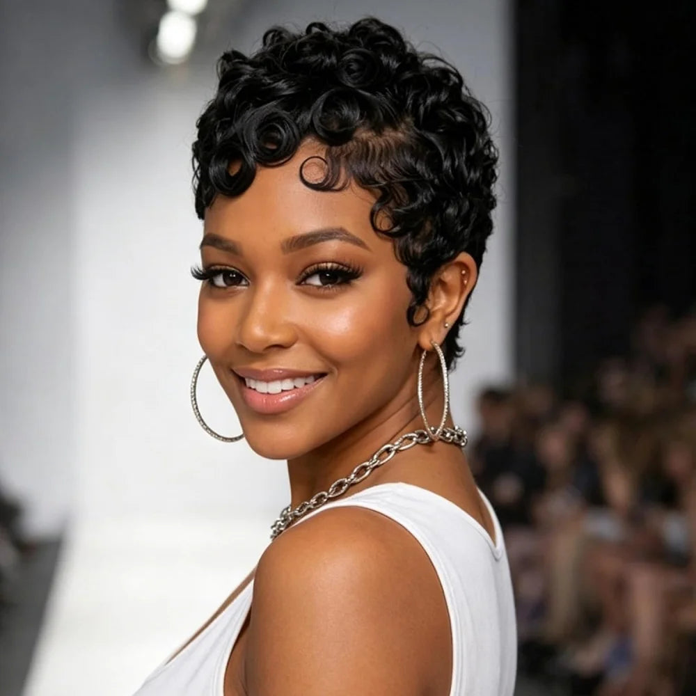 Short Curly Layered Pixie Cut Human Hair Wig for Women