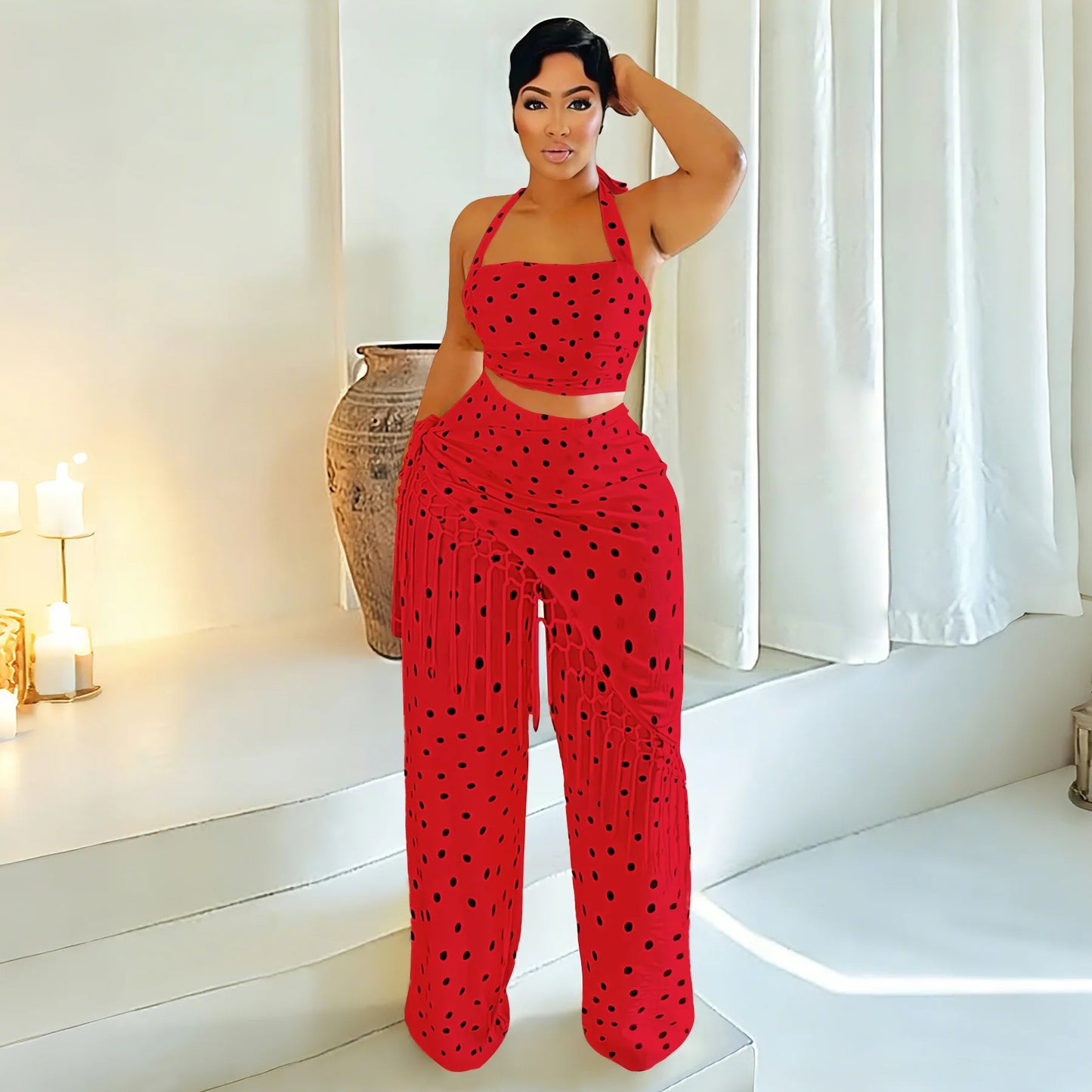 Polka Dot Print Halter Crop Top Tassel Fringe Two Piece Outfit for Women