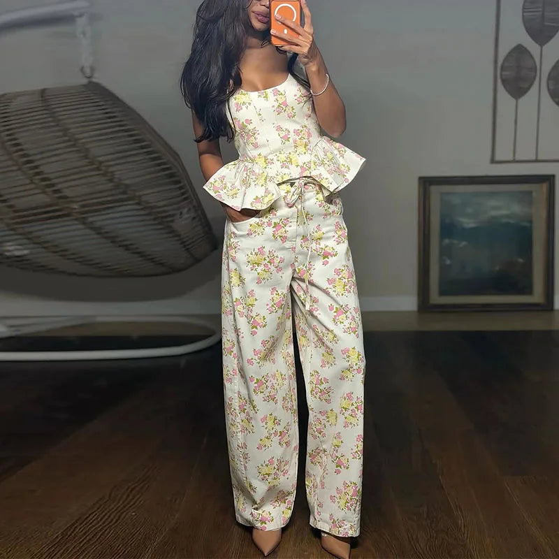 Floral Print Ruffle Wide Leg Pants Two Piece Set For Women
