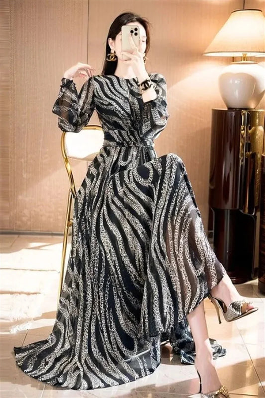 Fashionable Temperament Elegant Socialite Waist Cinching Big Swing Long Skirt Vnique Beautiful Mature Mature Queen Print Dress