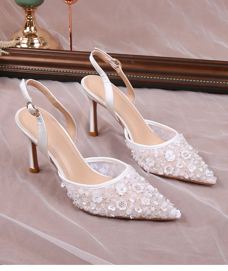 Elegant Floral Lace Back Strap High Heel Sandals for Women