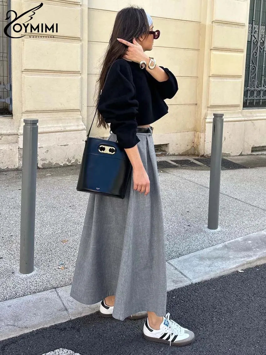 Oymimi Elegant Grey Loose Skirts For Women Casual High Waist Pleated Skirts Fashion New Solid Ankle-Length Skirts Streetwear