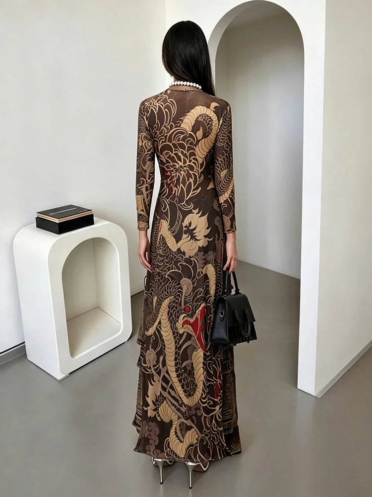 Snake Print Sheer Turtleneck Long Sleeve Top for Women