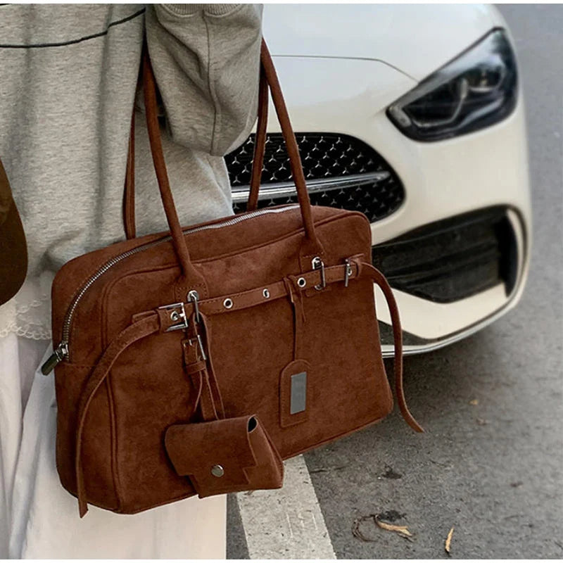Retro Suede Square Handbag Fashion Versatile High-quality Texture Underarm Bag Exquisite Hardware Design Work Commute Tote Bag