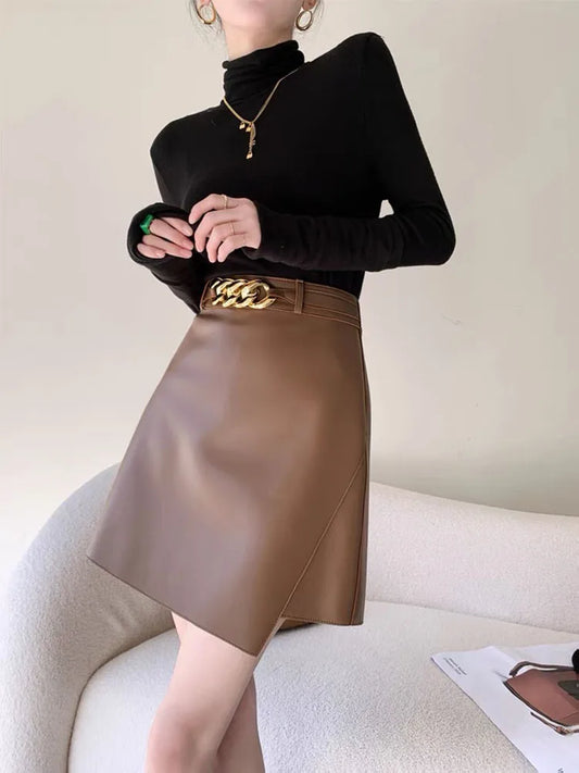 Woman skirts A Line 2025 korean style High Waist genuine Leather Women's Mini Skirt Bodycon A-Line Black Sexy Female Short Skirt