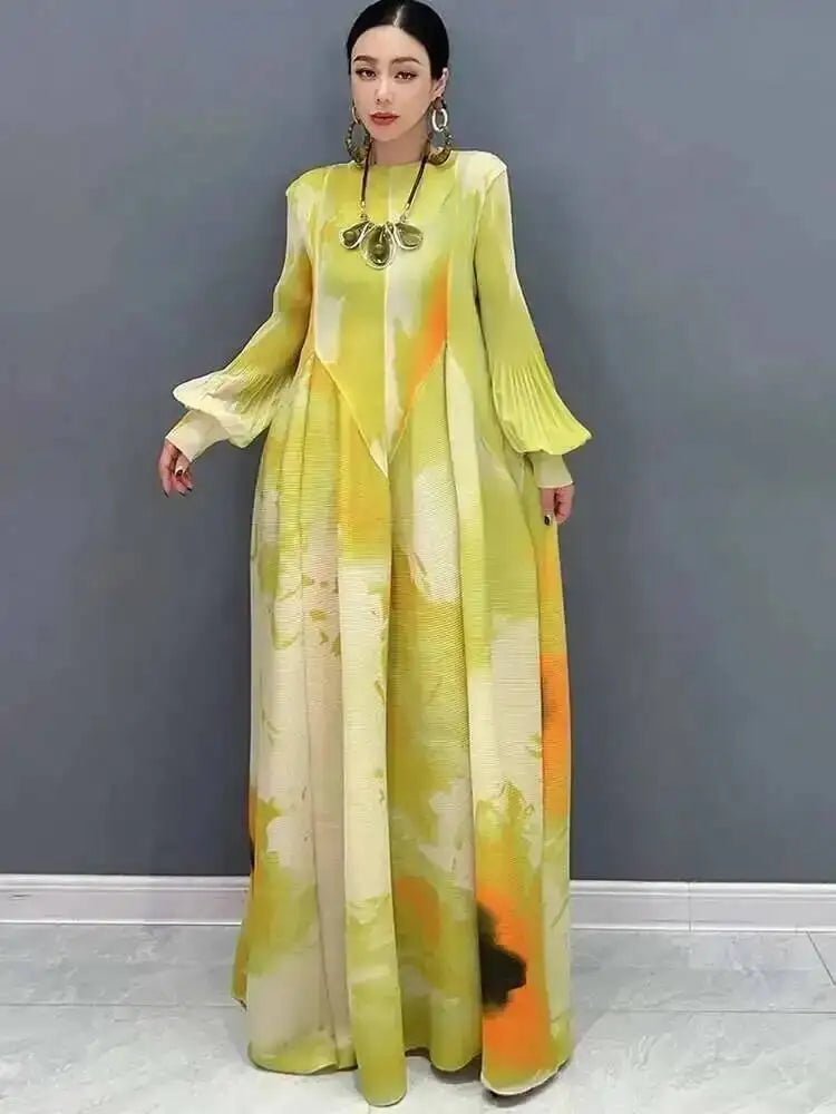 Printed Chiffon Ankle Length Dress With Bubble Sleeves for Women