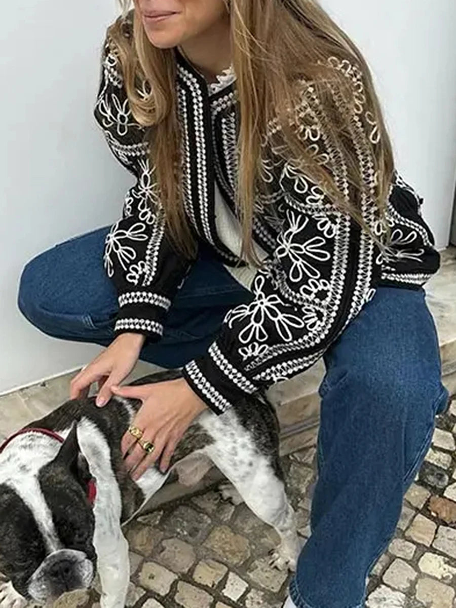 Women'S Retro Open Front Printed Embroidered Jacket, Lightweight Casual Long Sleeved Autumn Street Fashion Cardigan