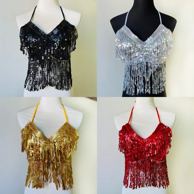 Sequined Tassel Latin Dance Crop Top and Skirt Set for Women