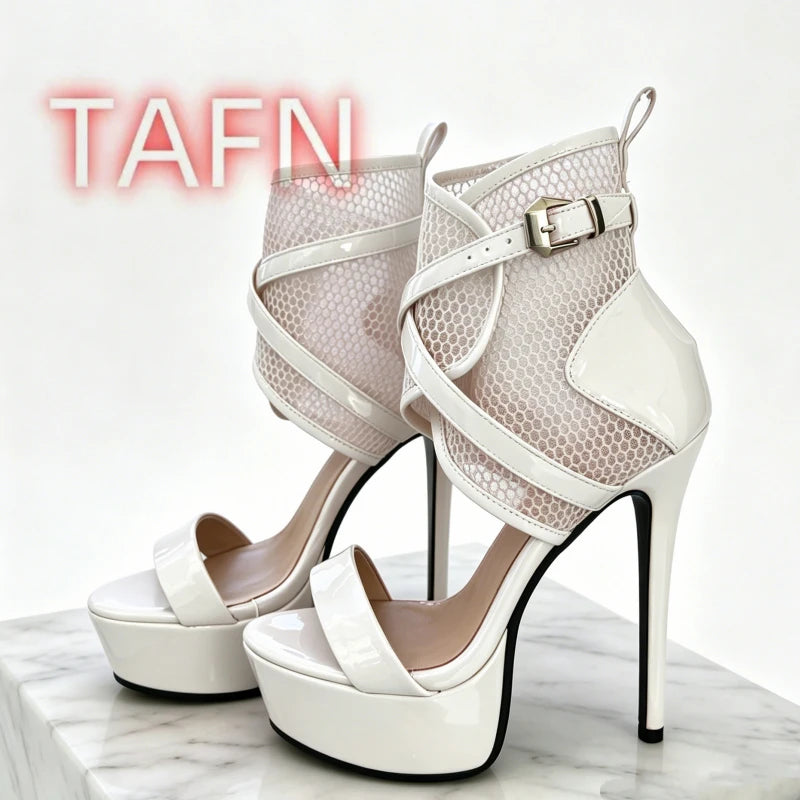 Peep Toe Mesh Caged Sandals With Patent Leather Platform Plus Size for Women