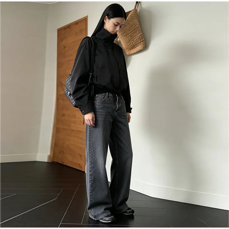 Casual Solid Jacket With Stand Collar And Pockets for Women