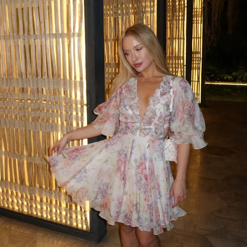 Trendy Floral Print Flare Sleeve V Neck Mini Dress Elegant High Waist Pleated Woman Vestidos 2025 New Autumn Evening Party Gown