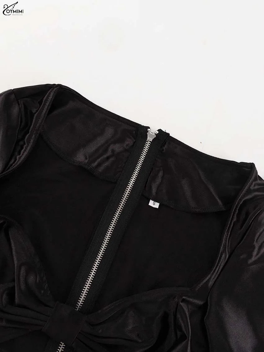 Oymimi Fashion Black Satin 2 Piece Sets Woman Outfits Elegant Long Sleeve Patchwork Zipper Crop Tops And Pleated Mini Skirts Set