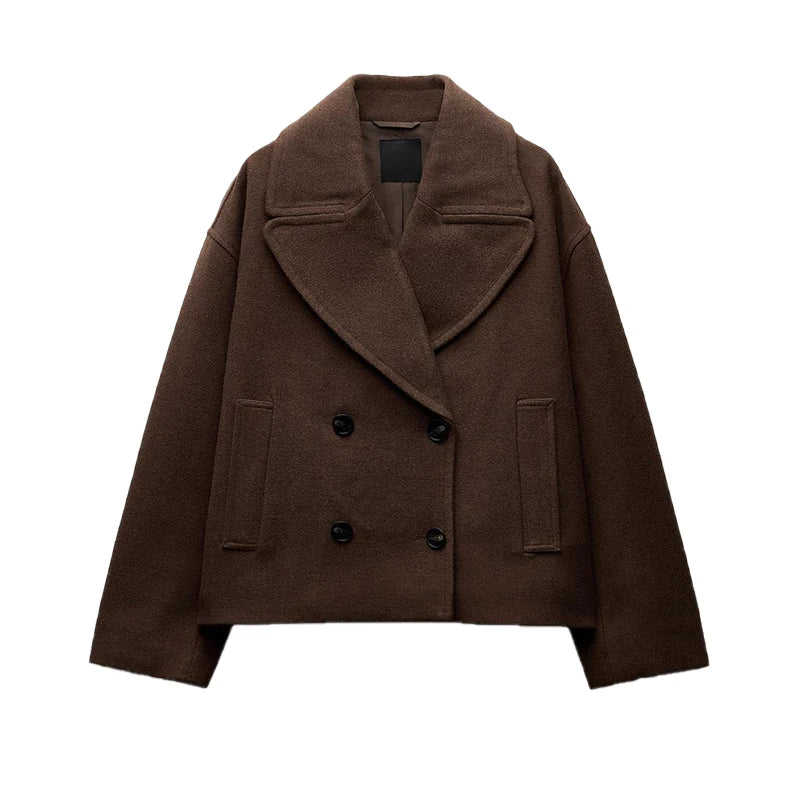 Double Breasted Cropped Jacket With Turn Down Collar for Women