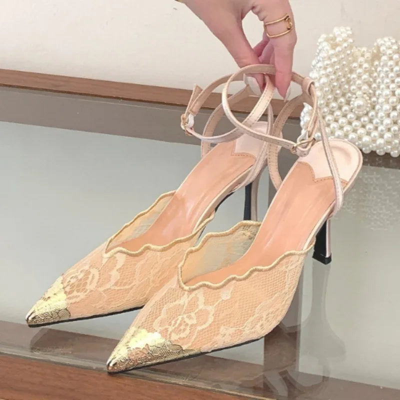 Elegant White Lace Slingback Stiletto Heels for Women