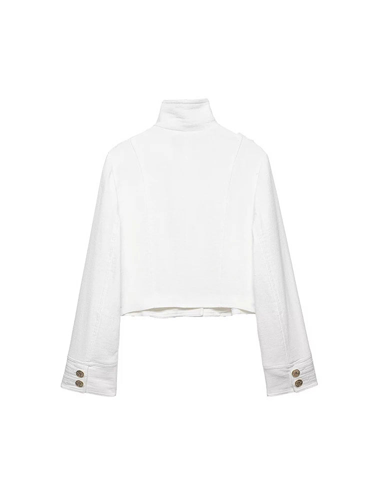 White Tweed Cropped Jacket With Gold Buttons for Women