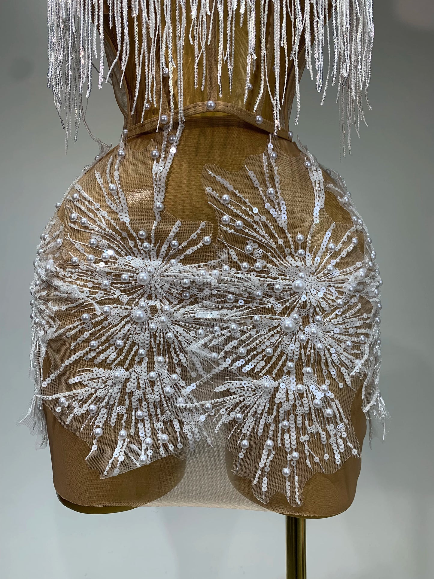 Women Sexy Mesh See Through Pearl Lace Party Mini Dress Celebrate Birthday Photo Shoot Wear Performance Stage Costume