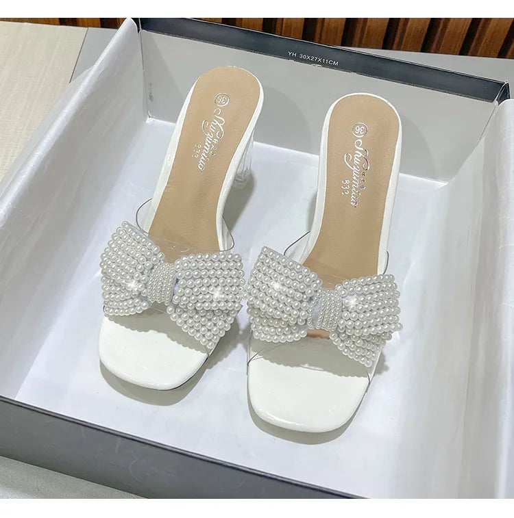 Pink Pearl Bow Design Clear Crystal High Heels for Women