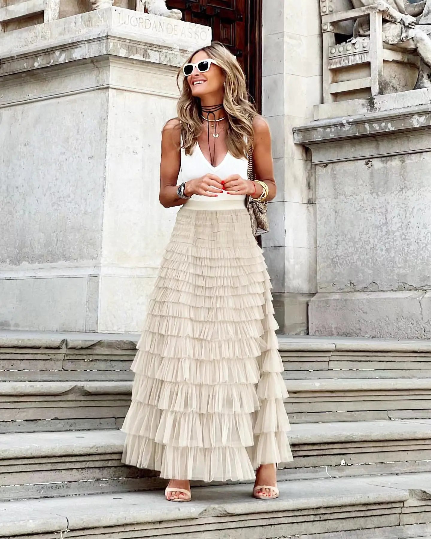 HOUZHOU Solid Multilayer Ruffle Mesh Skirt Women Boho High Waist Long Maxi Tulle Skirt Spring Summer Party Women's Clothing